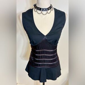 Vintage Y2K Lip Service Black with Attached Ribbon Corset Top SZ M